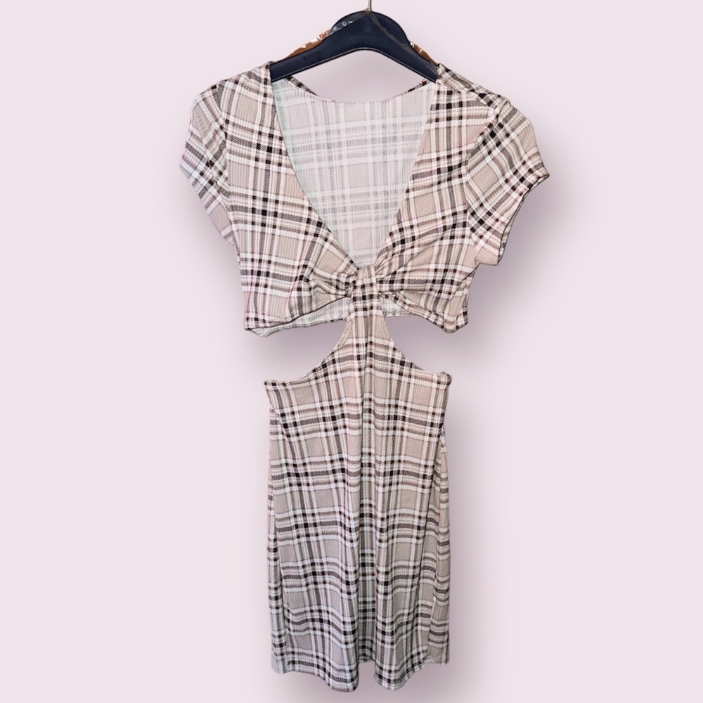 Brown and White Plaid Cutout Dress